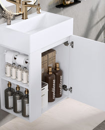 20 Inch Bathroom Vanity With Ceramic Sink, Diamond Pattern Door Design, Gold Handle & Side Storage Shelves Modern Small Space Cabinet With Towel Bar, MDF Construction, Assembly Required