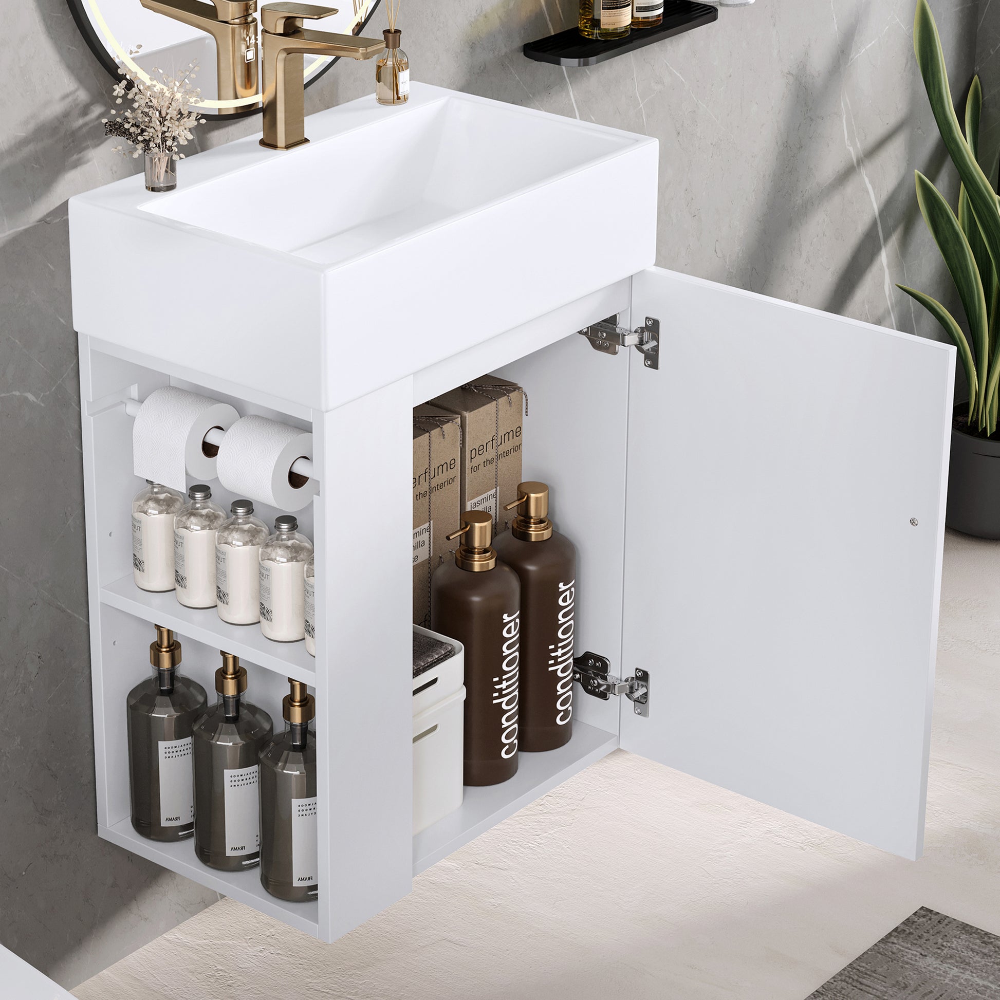 20 Inch Bathroom Vanity With Ceramic Sink, Diamond Pattern Door Design, Gold Handle & Side Storage Shelves Modern Small Space Cabinet With Towel Bar, MDF Construction, Assembly Required
