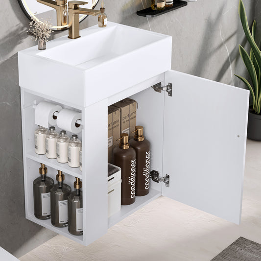 20 Inch Bathroom Vanity With Ceramic Sink, Diamond Pattern Door Design, Gold Handle & Side Storage Shelves Modern Small Space Cabinet With Towel Bar, MDF Construction, Assembly Required