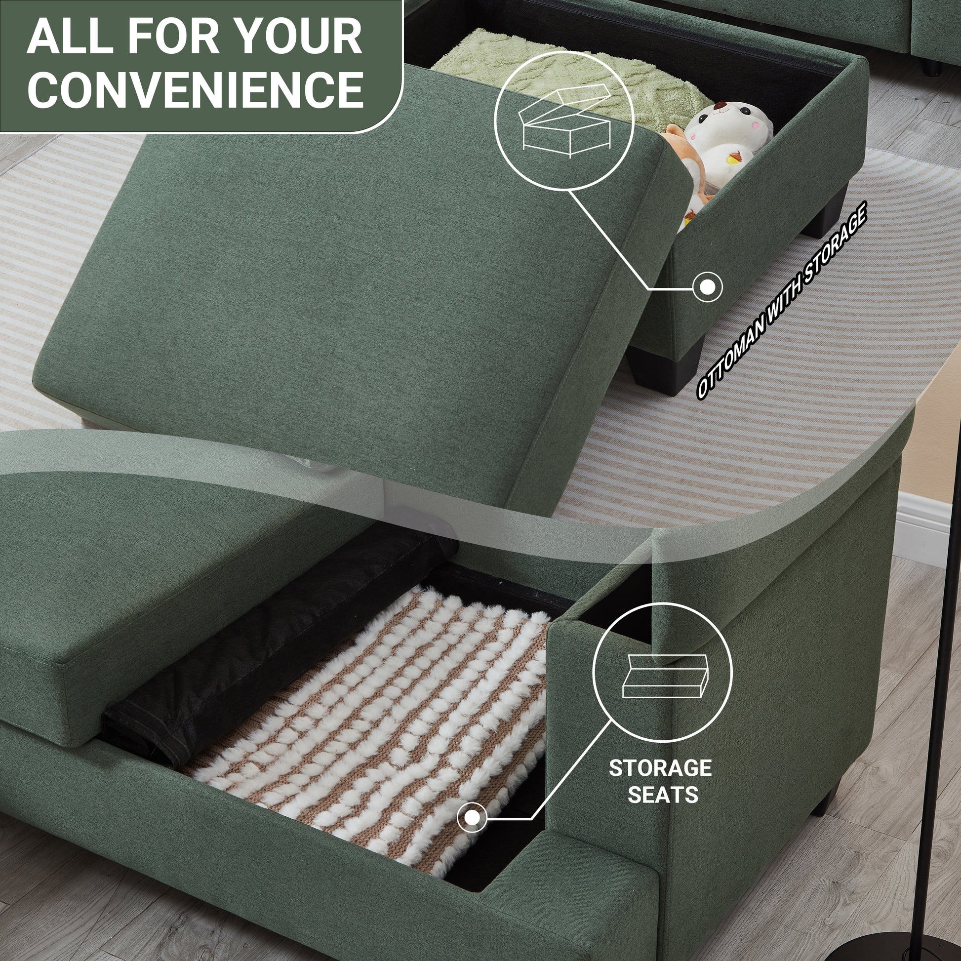 86'' L Shaped Couch With Armrest Organizer,3 Seats Sofas With Movable Ottoman,Comfy Sectional Sofa With Thick Cushion,Linen Sectional Couches For Living Room,Bedroom,Apartment,Dark Green
