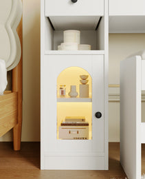 43.2 Vanity Desk With LED Mirror And Lights, Glass Top Vanity With RGB Glass Light Cabinets, Dressing Table With 5 Drawers ,Storage Shelves And Stool For Bedroom, White - CJDS