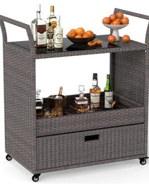 Handwoven PE Rattan Outdoor Bar Cart With Tempered Glass Top & Drawer, 4 Wheels With Brakes Serving Cart For Patio
