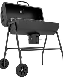 Barrel Charcoal BBQ Grill, Barbecue with 420 sq.in. Cooking Area, Wheels, Ash Catcher, Black