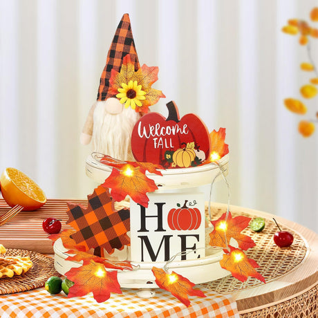 Fall Gnome Tiered Tray Decorations Set Farmhouse Pumpkin Decor Autumn Maple Leaf Table Centerpieces With Fall String Lights Thankgiving Day Fall Greeting Card Autumn Harvest Decorations - CJDS - FC