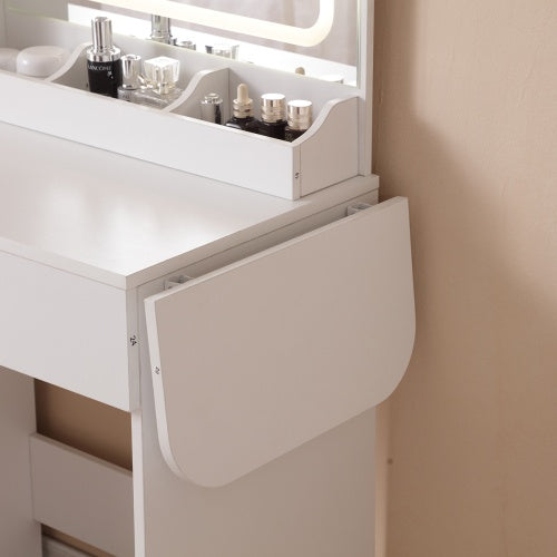 Vanity Desk With Lighted Mirror & Power Outlet, Makeup Vanity Desk With Drawers And Large Storage Cabinet For Bedroom, 3 Lighting Modes Adjustable Brightness, Storage Stool, White - CJDS