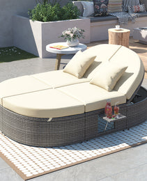 TOPMAX Outdoor Sun Bed Patio 2-Person Daybed With Cushions And Pillows, Rattan Garden Reclining Chaise Lounge With Adjustable Backrests And Foldable Cup Trays For Lawn, Poolside, Beige
