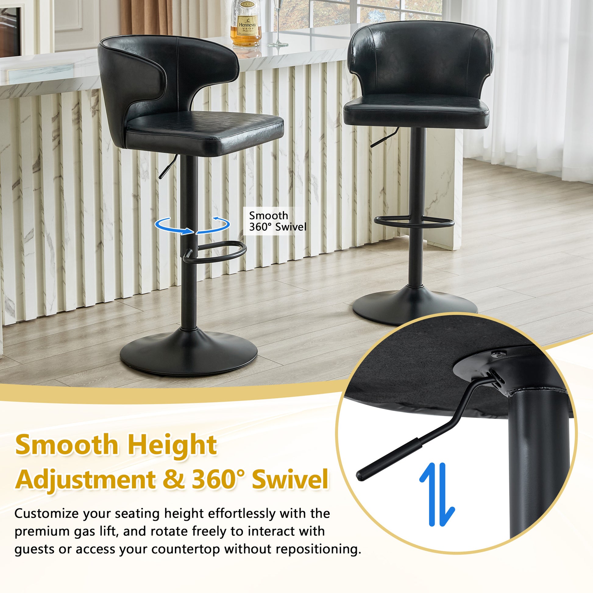 Modern Rotating Adjustable Bar Chair, Oil Wax Belt Backrest Swivel Chair, Suitable For Kitchen Bar Counter And Dining Room, Adjustable Height, Capable Of Bearing 300 Pounds  Black -2 Pieces