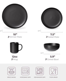 12-Piece Stoneware Dinnerware Sets With Mugs   Microwave & Dishwasher Safe    Non-Toxic Dinner Plates Bowls Set   Stackable Matte Glaze Kitchenware For 3,Black