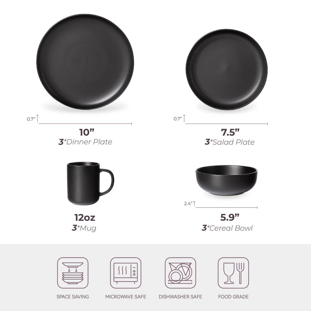 12-Piece Stoneware Dinnerware Sets With Mugs   Microwave & Dishwasher Safe    Non-Toxic Dinner Plates Bowls Set   Stackable Matte Glaze Kitchenware For 3,Black