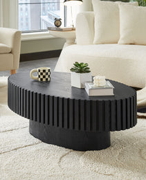 Modern Handcraft Drum Coffee Table Length 43.7 Inch Ellipse Coffee Table For Living Room,Oval Small Coffee Table With Sturdy Pedestal,Black MDF