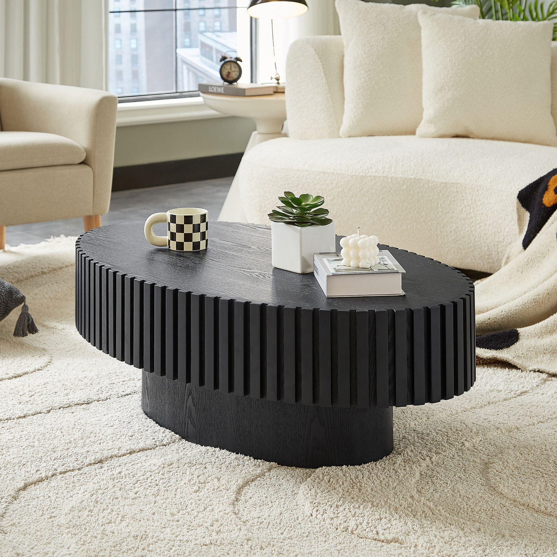 Modern Handcraft Drum Coffee Table Length 43.7 Inch Ellipse Coffee Table For Living Room,Oval Small Coffee Table With Sturdy Pedestal,Black MDF