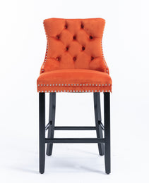 Contemporary Velvet Upholstered Barstools With Button Tufted Decoration And Wooden Legs, And Chrome Nailhead Trim, Leisure Style Bar Chairs,Bar Stools, Set Of 2 Orange,SW2002OG