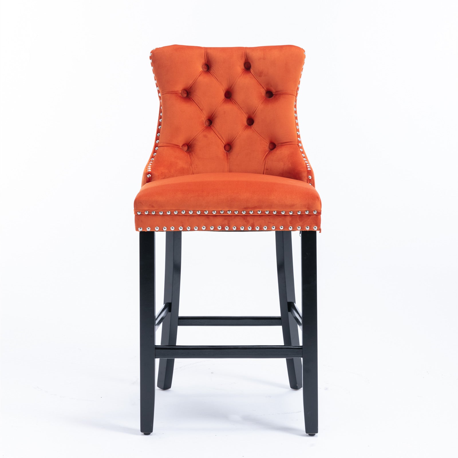 Contemporary Velvet Upholstered Barstools With Button Tufted Decoration And Wooden Legs, And Chrome Nailhead Trim, Leisure Style Bar Chairs,Bar Stools, Set Of 2 Orange,SW2002OG