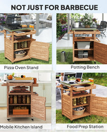 Outdoor Grill Cart with Stainless Steel Top, Solid Wood Outdoor Kitchen Island with Wheels, Drawer, Side Handle, Brown