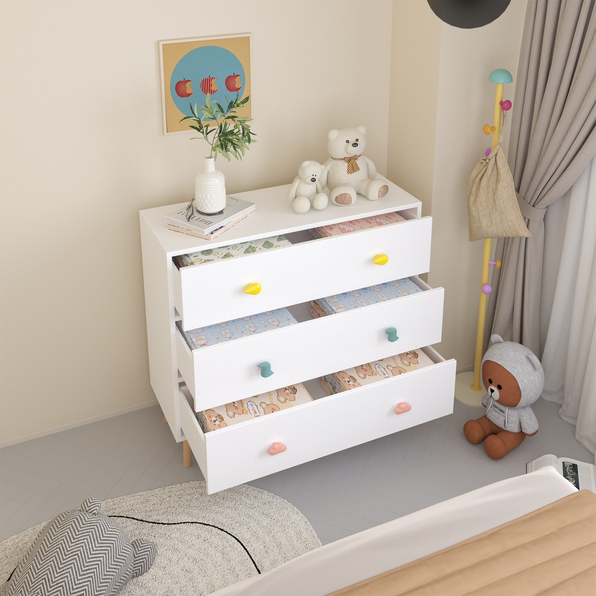 Kids 3 Drawer Dresser, Baby Nightstand For Bedroom, Storage Cabinet For Toddler Child For Living Room, Toddler Room, Nursery, Closet, Apartment White