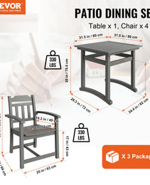 5 Pieces Patio Dining Set, Outdoor Square Furniture Table And Chairs, All Weather Garden Furniture Table Sets, HIPS Small Patio Conversation Set, For Lawn, Deck, Backyard, Poolside, Light Gray