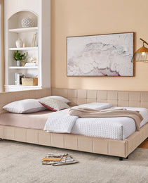 Queen Size Upholstered Tufted Bed Frame, Sofa Bed Frame With Comfortable Backrest And Armrests, Queen Size Bed For Bedroom, Living Room,Velvet, Pink 85.5x64.5x30.5