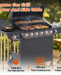 6 Burner BBQ Propane Gas Grill With Side Burner 72000 BTU Output Stainless Steel Barbecue Grill With Cast Iron Grates And Side Tables For Outdoor Cooking Kitchen And Patio Backyard.