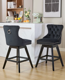 Swivel Velvet Barstools With Button Tufted Decoration And Wooden Legs, And Chrome Nailhead Trim, Leisure Style Bar Chairs,Bar Stools, Set Of 2 Black,SW1860BK