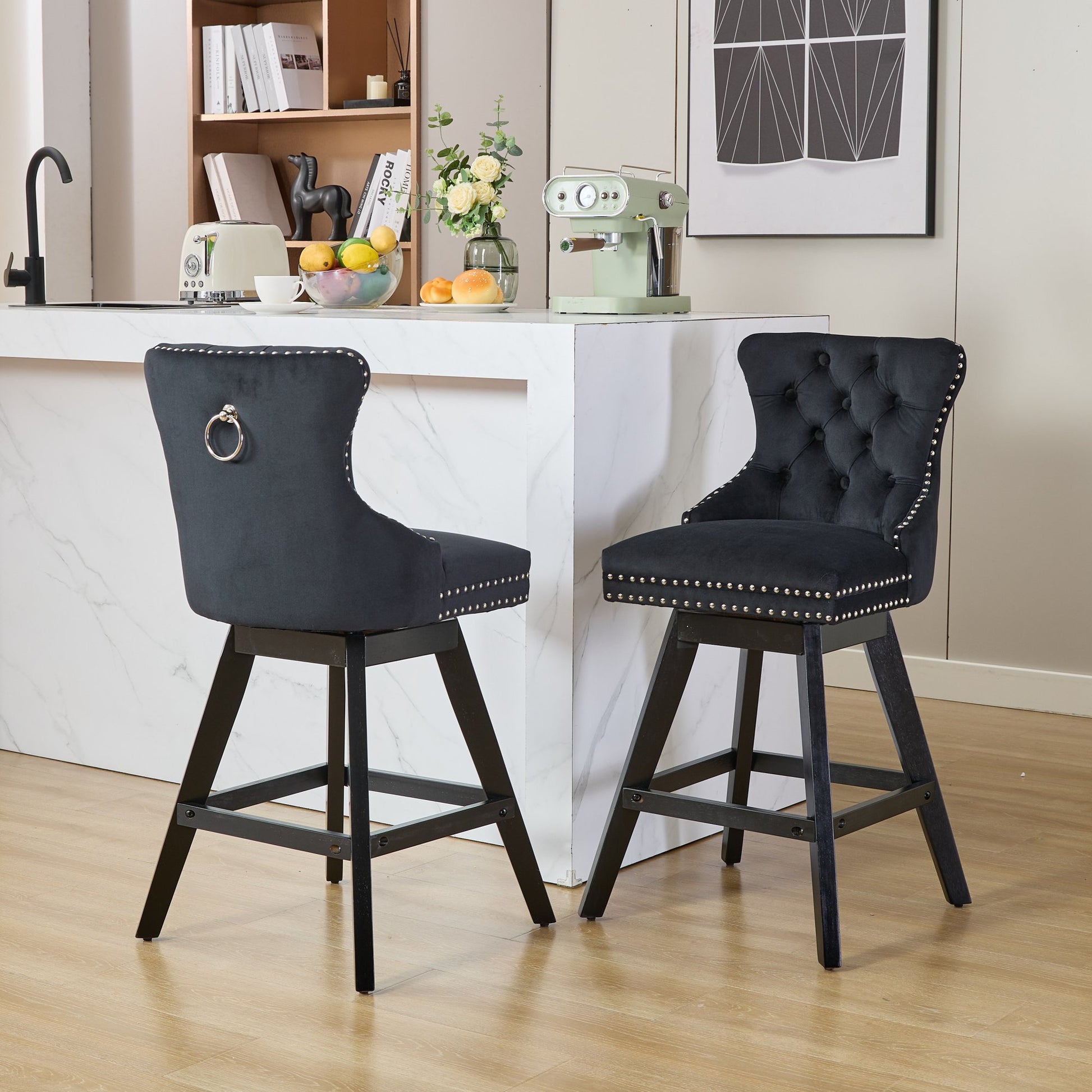 Swivel Velvet Barstools With Button Tufted Decoration And Wooden Legs, And Chrome Nailhead Trim, Leisure Style Bar Chairs,Bar Stools, Set Of 2 Black,SW1860BK