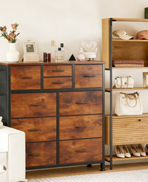 10-Drawer Dresser With Side Pocket & Hooks, Storage Cabinet With Wood Top For Bedroom Closet Organization