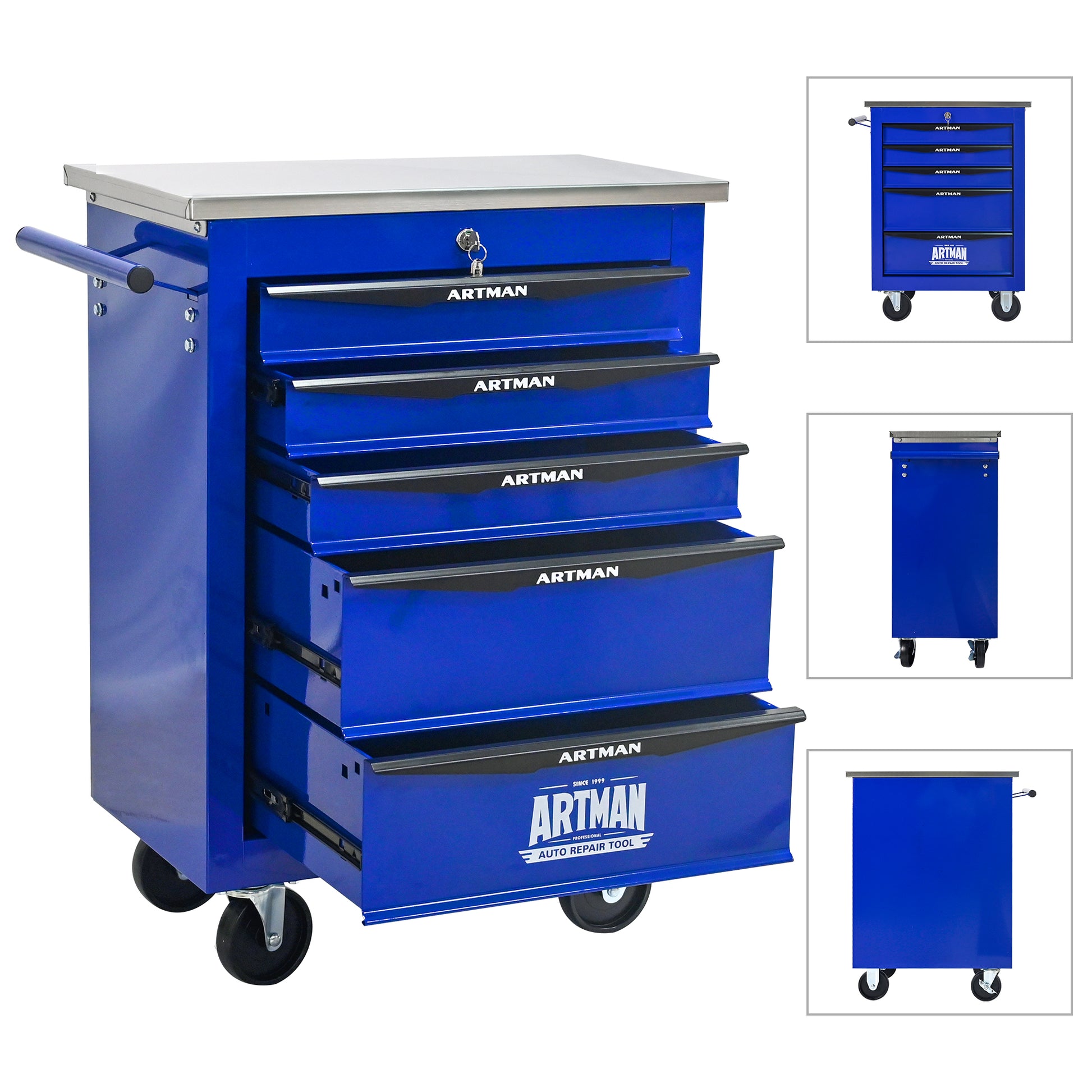 5 Drawers Multifunctional Tool Cart With Wheels,Metal Rolling Tool Cart Storage For Garage Workshop Warehouse Repair Shop--With Stainless Steel Roof- BLACK&BLUE
