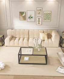 Modern Coffee Table For Bedroom & Living Room, Tempered Glass&Natural Wood MDF Top , Industrial Style Coffee Table