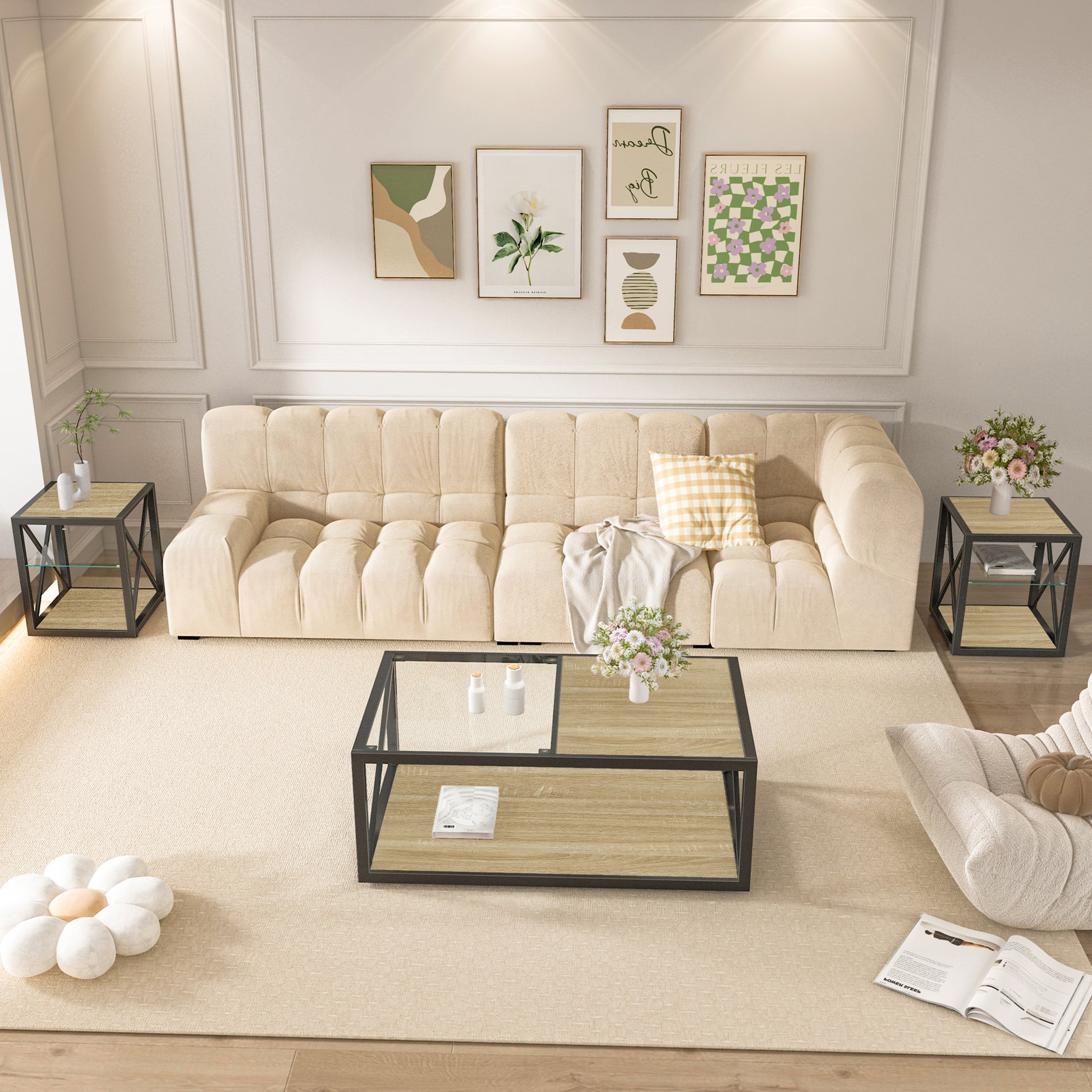 Modern Coffee Table For Bedroom & Living Room, Tempered Glass&Natural Wood MDF Top , Industrial Style Coffee Table