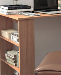 360° Rotating Home Office Desk L Shaped Corner Computer Desk with Storage Shelves, Writing Table Workstation, Teak