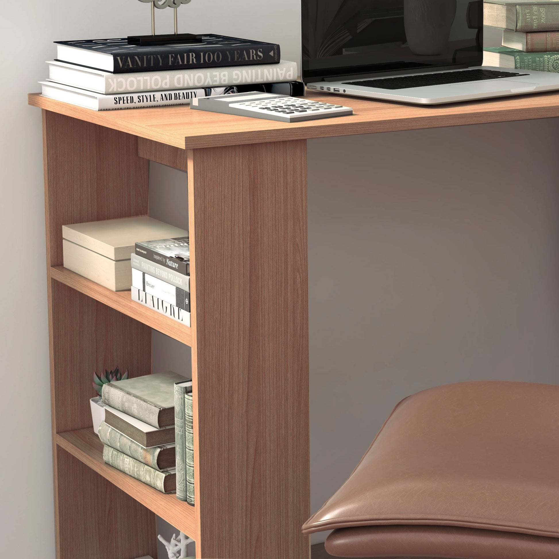 360° Rotating Home Office Desk L Shaped Corner Computer Desk with Storage Shelves, Writing Table Workstation, Teak