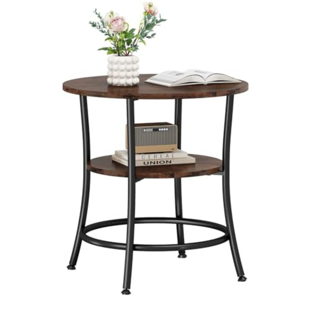 Side Round Table, Double-layer Decorative Side Table With Storage Shelves, Sturdy Metal Frame Round Bedside Cabinet