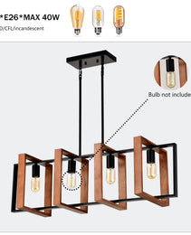 4-Light Kitchen Island Lights Pendant Light Farmhouse Dining Room Light Fixture, Rustic Wood And Black Metal Rectangular Chandelier, Hanging Lighting For Living Room,Conference Room, Home Office - CJDS