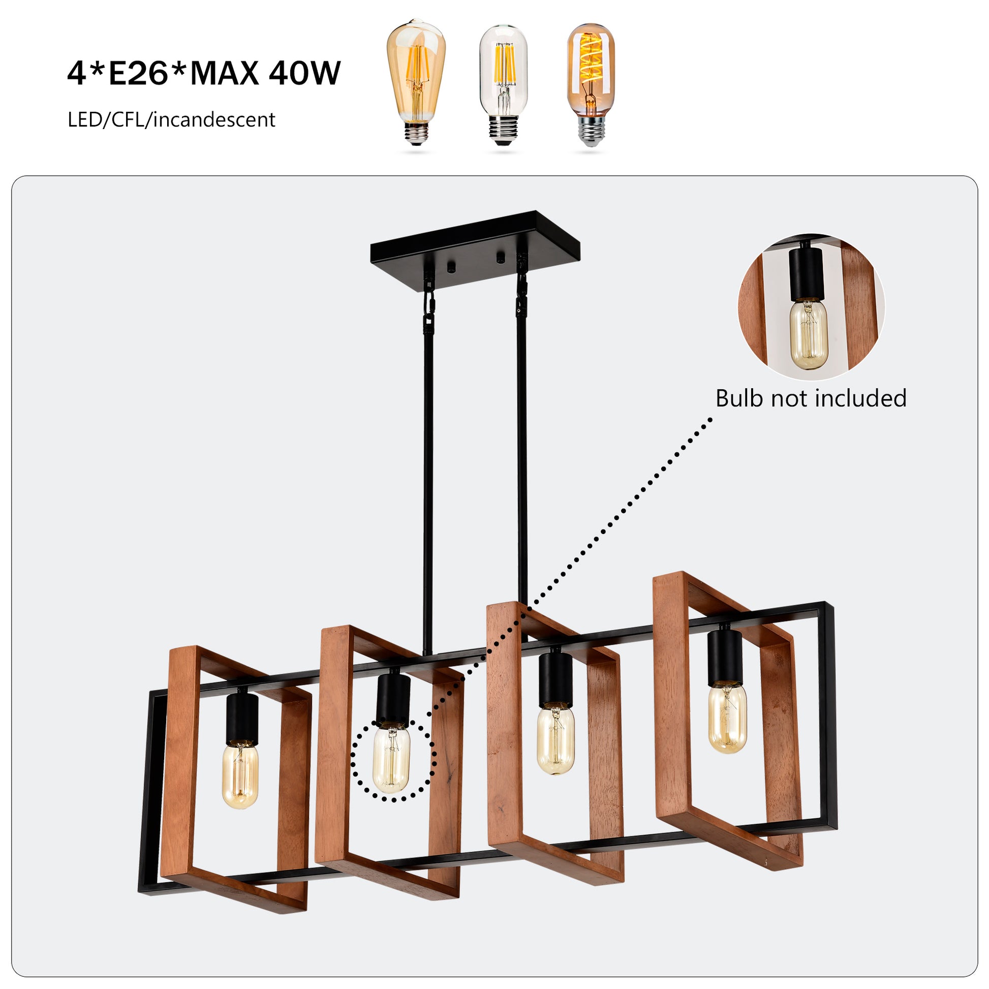 4-Light Kitchen Island Lights Pendant Light Farmhouse Dining Room Light Fixture, Rustic Wood And Black Metal Rectangular Chandelier, Hanging Lighting For Living Room,Conference Room, Home Office - CJDS