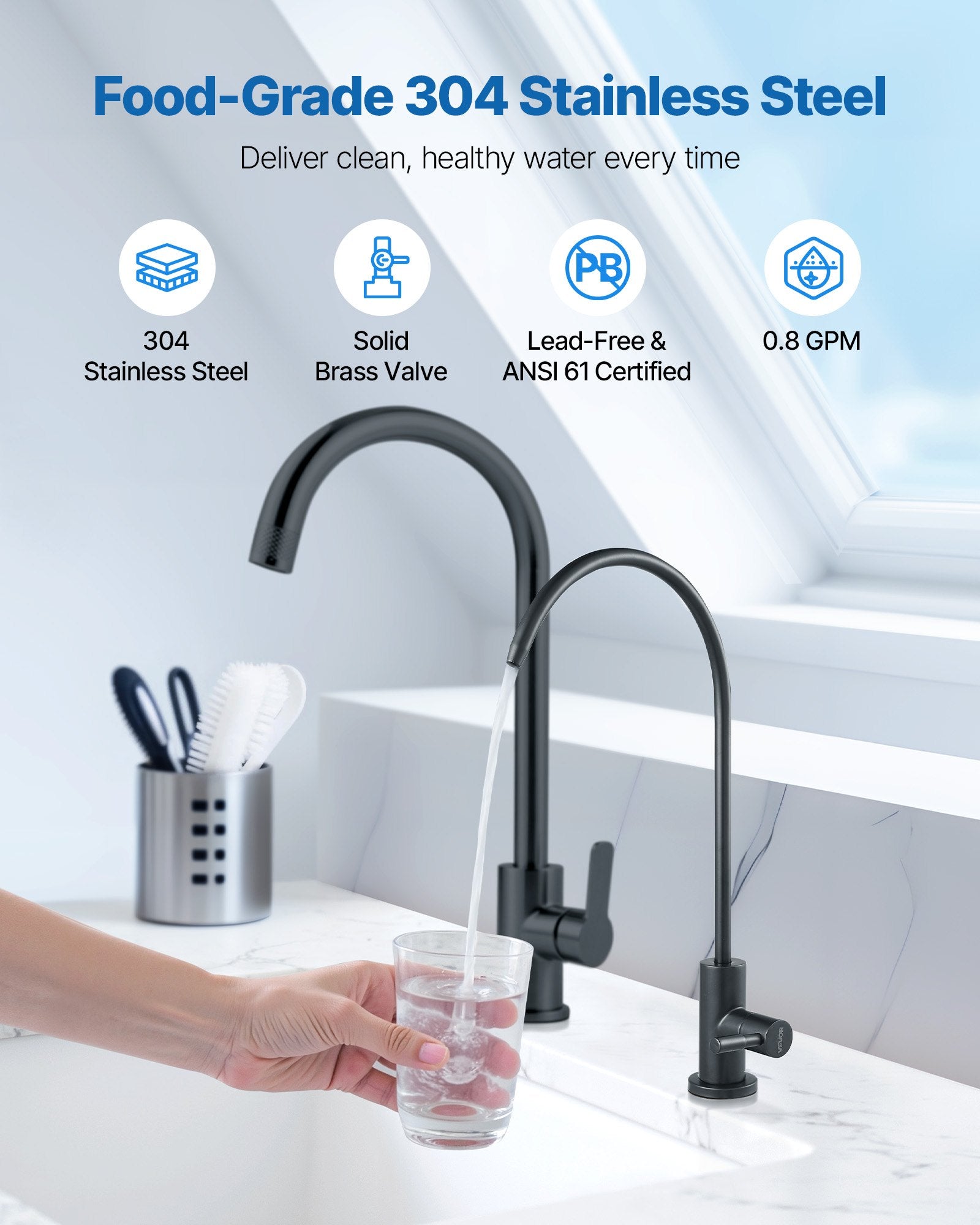 Stainless Steel Faucet, Lead-Free Water Purifier Faucets, Reverse Osmosis Faucet With Solid Brass Valve, High Arch Drinking Water Faucets For Kitchen Sink, Bar Counter, Cafe Shop, Matte Black