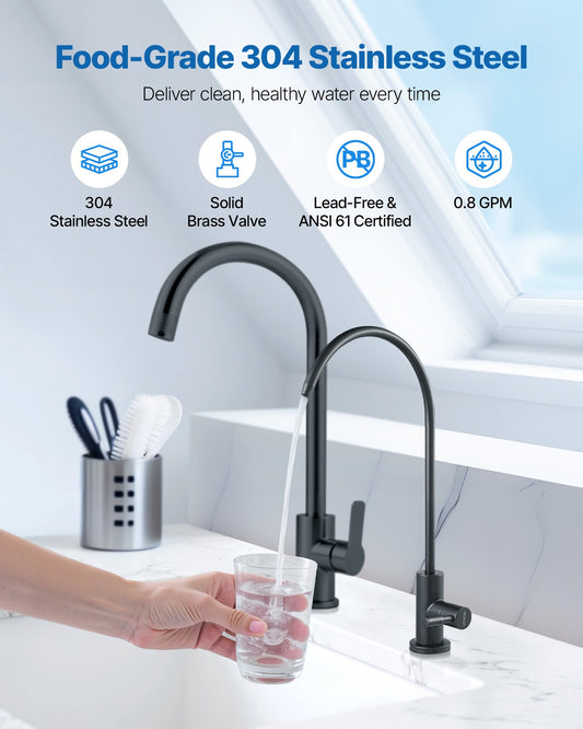 Stainless Steel Faucet, Lead-Free Water Purifier Faucets, Reverse Osmosis Faucet With Solid Brass Valve, High Arch Drinking Water Faucets For Kitchen Sink, Bar Counter, Cafe Shop, Matte Black