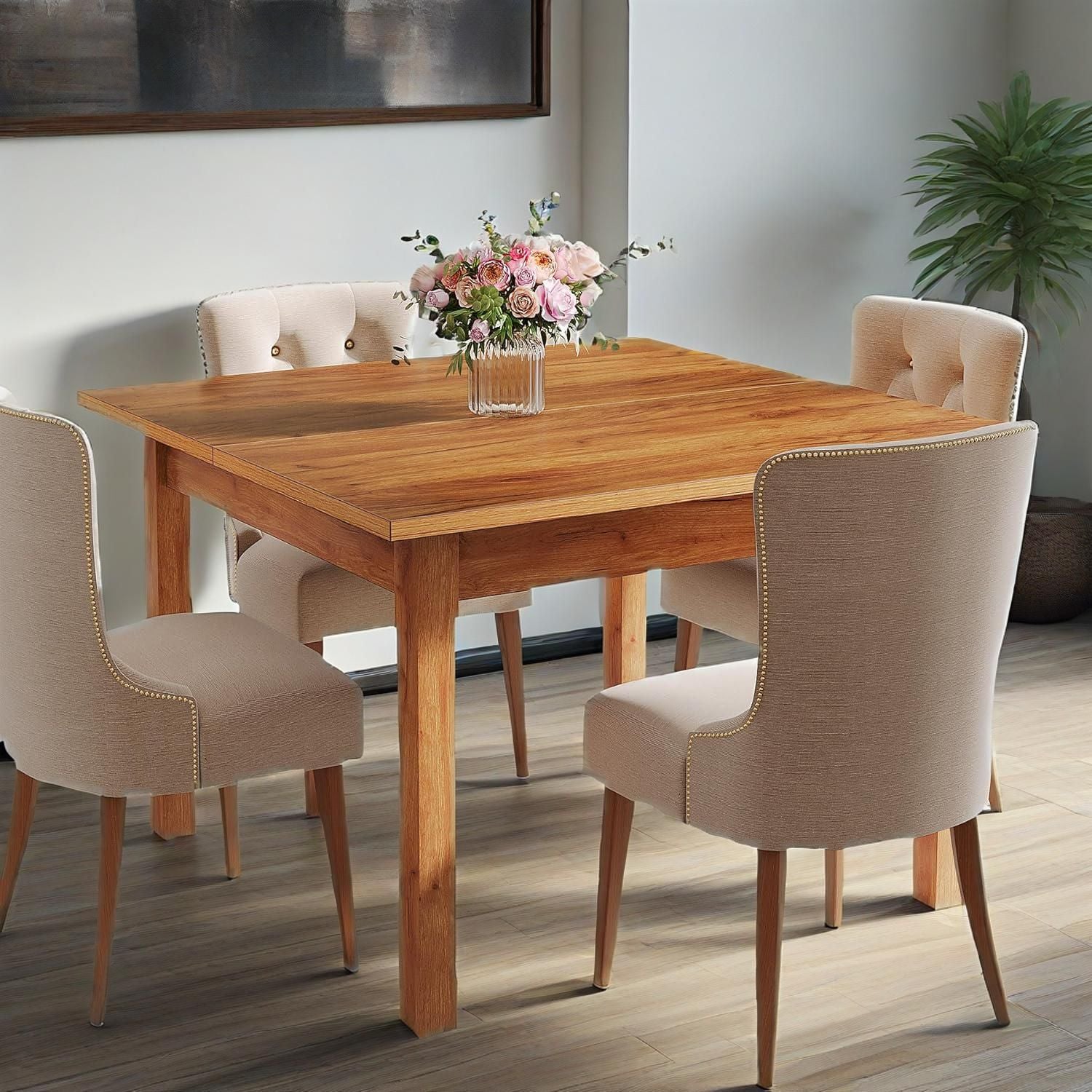 Wood Dining Table Farmhouse Kitchen Table For Living Room, 4-Person Square Dinner Table With Wooden Legs