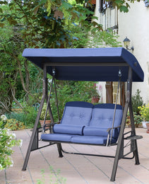2-Person Patio Swing Bench with Adjustable Shade Canopy, Soft Cushions, Throw Pillows and Tray, Dark Blue