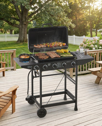 4 Burner BBQ Propane Gas Grill With Side Burner 42000 BTU Output Stainless Steel Barbecue Grill With Enamel-Coated Grates And Side Tables For Outdoor Cooking Kitchen And Patio Backyard.