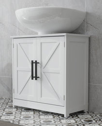 Farmhouse Pedestal Sink Storage Cabinet, Bathroom Sink Cabinet with 2 Barn Doors and Adjustable Shelf, White
