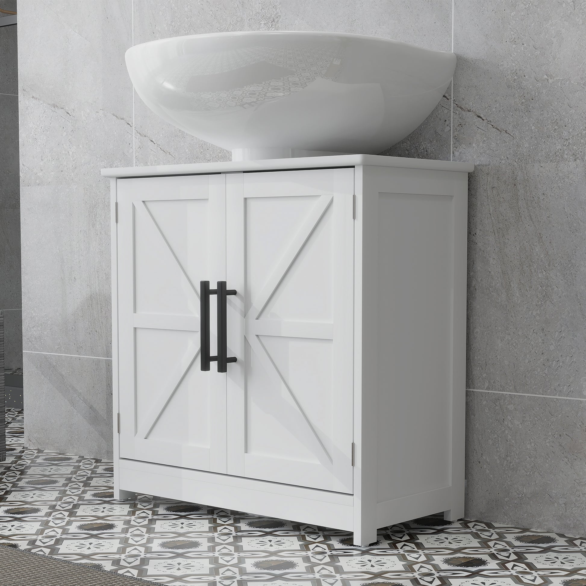 Farmhouse Pedestal Sink Storage Cabinet, Bathroom Sink Cabinet with 2 Barn Doors and Adjustable Shelf, White