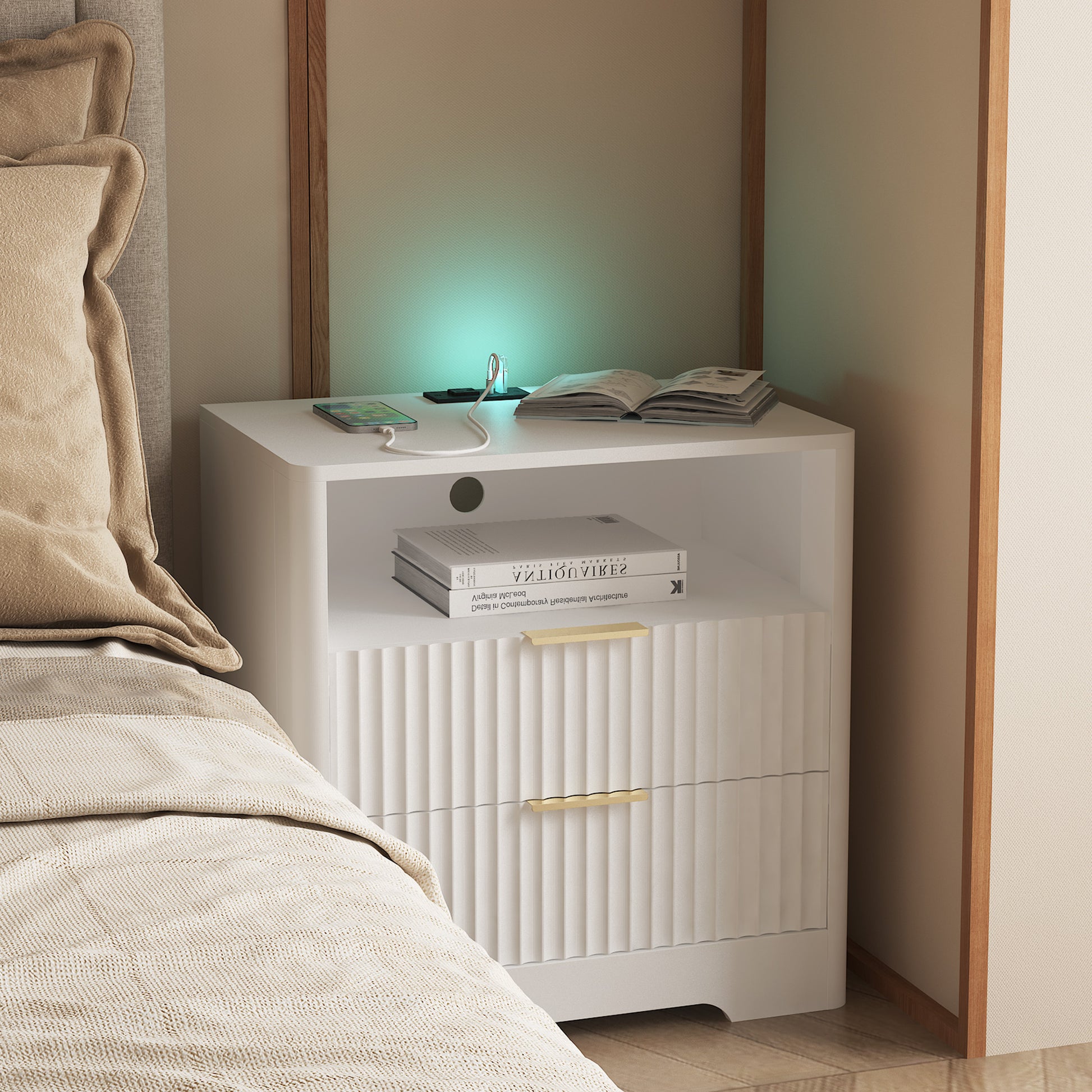 Nightstand With Charging Station, Smart Nightstand With Night Light,Bedside Tables With Storage Cabinet For Bedroom