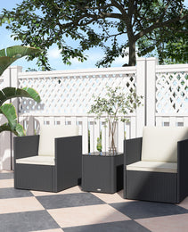 Folding Wicker Bistro Set, 3 Piece Patio Furniture Set With Cushions And Glass Coffee Table For Porch, Balcony, Black
