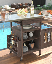 K&K 40.5  Outdoor Grill Cart With Stainless Steel Top, Solid Wood Outdoor Storage Cabinet With Drop Leaf, One Drawer, Towel Rack, Rolling Kitchen Cart With Lockable Wheels For Lawn Garden, Brown