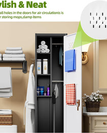 Aobabo H Lockable Storage Cabinet With Wheels, Metal Cleaning Tool Cabinet With Hooks, Cleaning Supplies For Broom Rack Shelf For Broom Mops Garage Storage, Black White, Assembly Required