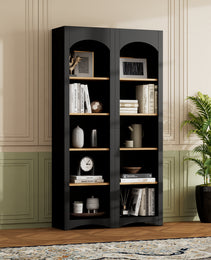 ON-TREND Free Standing 5 Tier Bookshelves, Bookcases Set Of 2, Farmhouse Two-Tone Storage Cabinet With Adjustable Shelves, Modern 72H Kitchen Pantry Cabinet For Living Room, Home Office, Black
