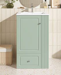 20  Freestanding Bathroom Vanity With Ceramic Sink, Single Faucet Hole, MDF Storage Cabinet With Soft-Close Drawer, Open Side Shelves With Pinewood Towel Bar, Modern Small Bathroom Vanity For Compact