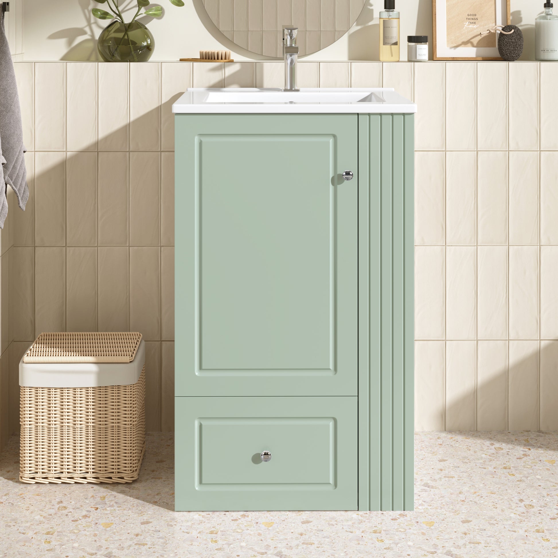 20  Freestanding Bathroom Vanity With Ceramic Sink, Single Faucet Hole, MDF Storage Cabinet With Soft-Close Drawer, Open Side Shelves With Pinewood Towel Bar, Modern Small Bathroom Vanity For Compact