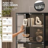 66 Display Cabinet with Glass Doors for Living Room, MDF Wood in Matte Black, 7-Color LED Lights and Fluted Drawer