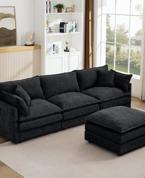 Modular Sectional Sofa, 102 Inch L Shaped Couch Set For Living Room, 3-Seater Comfy Cloud Couches With Movable Ottoman, DIY Combination, Chenille, Black