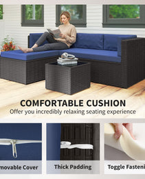 3 Piece Patio Furniture Set, Wicker Outdoor Patio Conversation Furniture Set with Cushions, Glass Top Table, Navy Blue